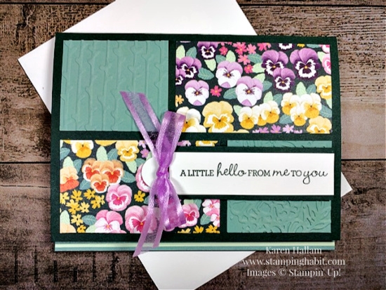 pansy patch stamp set, pansy petals dsp, new 2021-23 In Colors, fresh freesia open weave ribbon, color block style card idea, stampin up, karen hallam