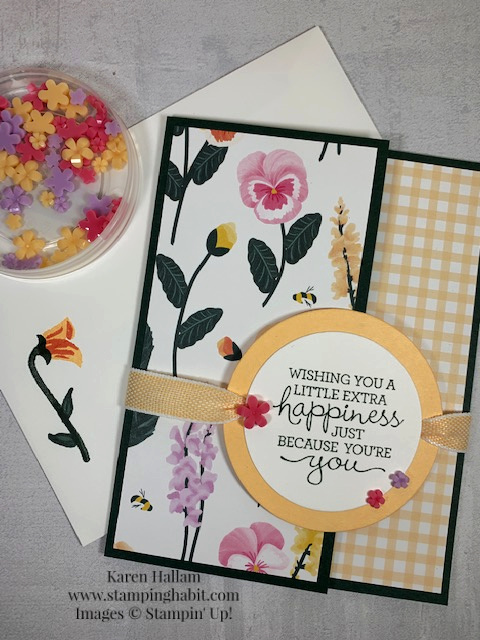 pansy patch bundle, pansy petals dsp, layering circles dies, card with belly band, birthday card idea, stampin up, karen hallam