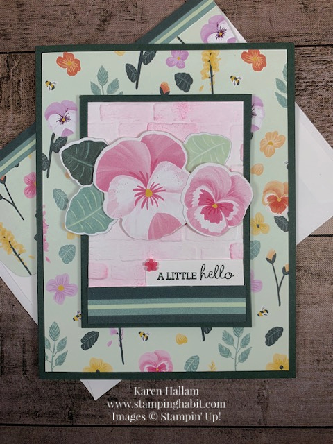 pansy petals dsp, pansy patch bundle, brick & mortar embossing folder, an all-occasion card idea, stampin up, karen hallam