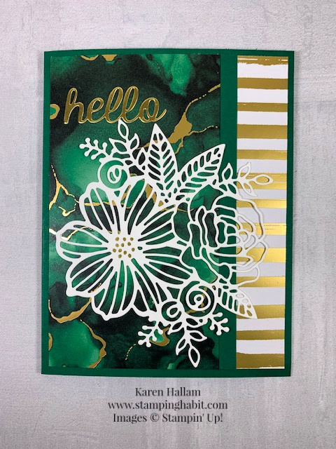 artistic dies, expressions in ink dsp, gold foil, all-occasion card idea, stampin up, karen hallam