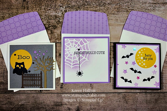 frightfully cute bundle, 3"x 3" card ideas, halloween themed cards, stampin up, karen hallam