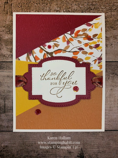 pretty pumpkins, stitched so sweetly dies, beauty of the earth dsp, timber 3D embossing folder, paper piecing technique, fall card idea, stampin up, karen hallam