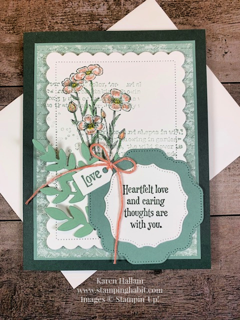 quiet meadow bundle, harvest meadow dsp, hippo & friends dies, scalloped contour dies, forever flourishing dies, thinking of you card idea, stampin up, karen hallam