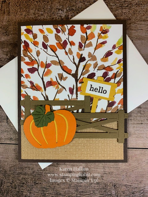 beauty of the earth dsp, detailed pumpkin dies, sheep dies, chick dies, fall harvest scene card idea, stampin up, sale-a-bration items, karen hallam