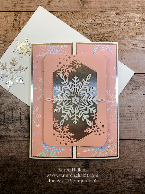 so many snowflakes dies, whimsy & wonder dsp, snowflake wishes stamp set, gate fold card idea, christmas card idea, caseing coast to coast, stampin up, karen hallam