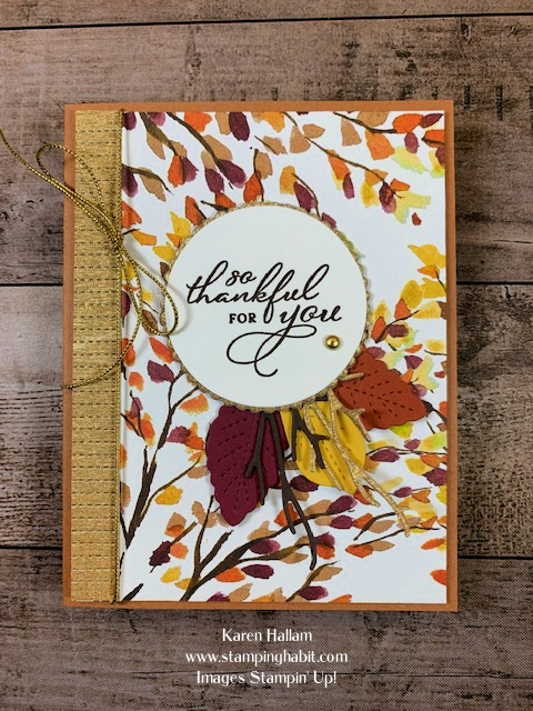 pretty pumpkins, stitched leaves dies, beauty of the earth dsp, thankful card idea, stampin up, karen hallam
