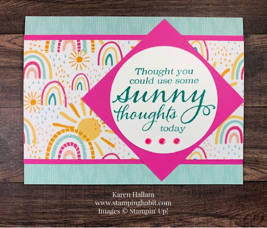 sunny sentiments, sunshine & rainbows dsp, thinking of you card idea, stampin up, karen hallam