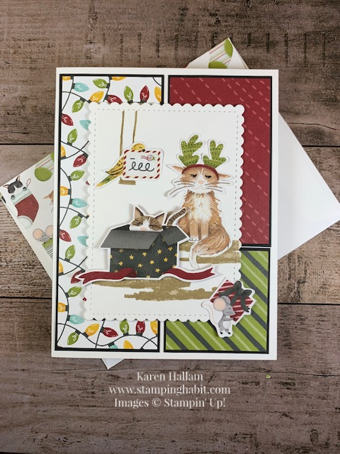 sweet stockings dsp, sweet stockings cat christmas card idea, stampin up, karen hallam