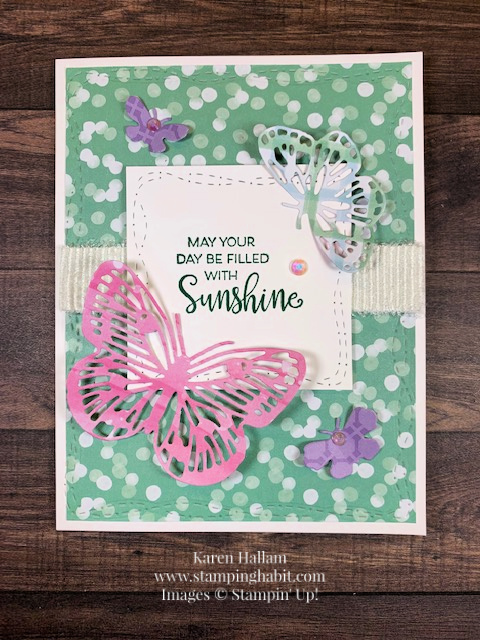 celebrate with flowers, abstract beauty dsp, brilliant wings dies, stitched with whimsy dies, spring card idea, stampin up, karen hallam 