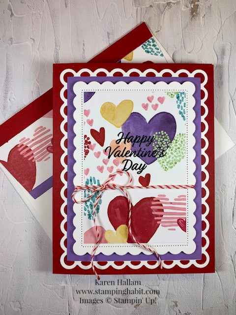 sweet talk dsp, meant to be stamp set, scalloped contour dies, valentine card idea, stampin up, karen hallam