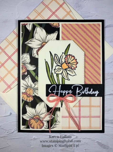 daffodil daydream, daffodil afternoon dsp, flowing flowers, pals february blog hop, birthday card idea, stampin up, karen hallam