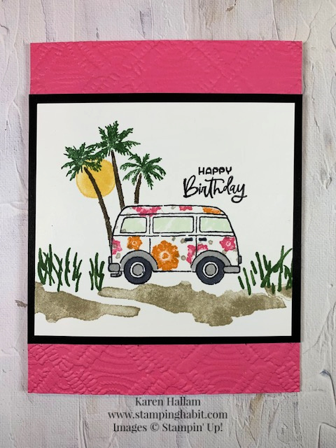 driving by, paradise palms, artistically inked, macrame embossing folder, sale-a-bration item, birthday card idea, stampin up, karen hallam