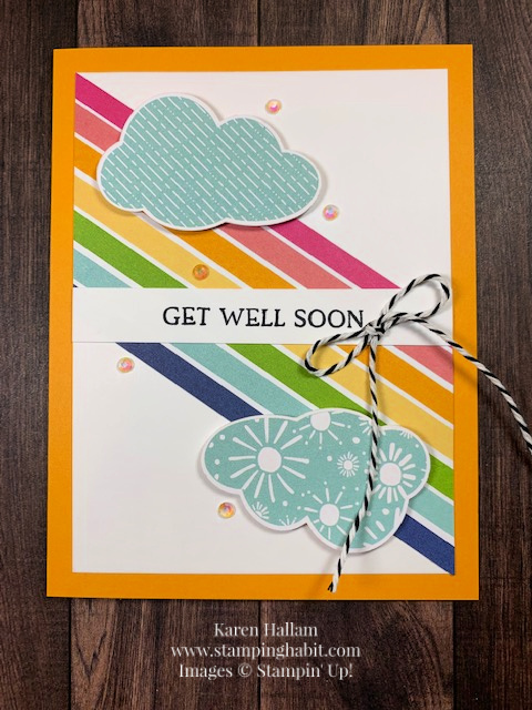 blossoms in bloom, sunshine & rainbows dsp, cloud punch, get well card idea, stampin up, karen hallam
