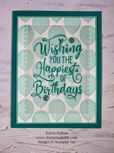 happiest of birthdays, stitched so sweetly dies, stenciling, embossing on vellum, birthday card idea, CC2C, stampin up, karen hallam