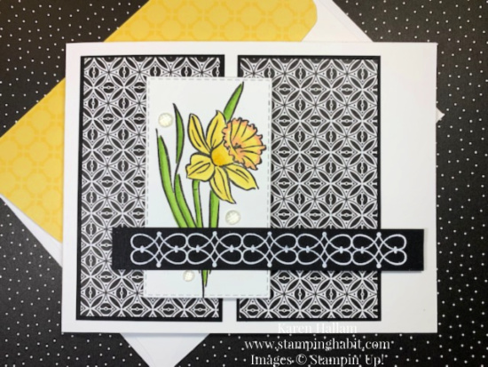 daffodil daydream, pattern party dsp, stitched rectangle dies, coloring with blends, springtime card idea, CCMC709, stampin up, karen hallam