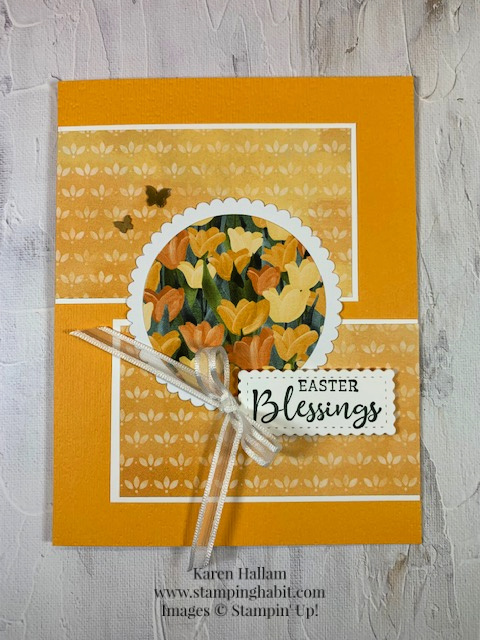daffodil daydream, flowering fields dsp, layering circles dies, stitched so sweetly dies, easter card idea, stampin up, karen hallam