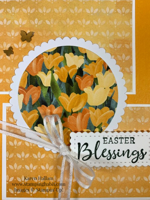 daffodil daydream, flowering fields dsp, layering circles dies, stitched so sweetly dies, easter card idea, stampin up, karen hallam