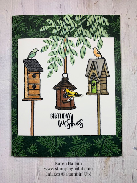 garden birdhouses stamp set, coloring with blends, birthday card idea, stampin up, karen hallam