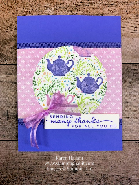 happiness abounds, tea boutique 6"x 6" dsp, 2022-24 in color orchid oasis, thank you card idea, stampin up, karen hallam