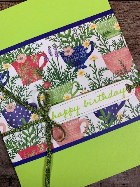 happiness abounds stamp set, tea boutique 6"x 6" dsp, waves dies, new in color parakeet party, birthday card idea, stampin up, karen hallam