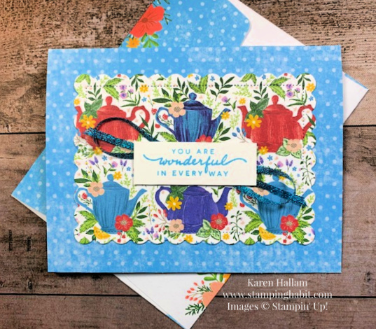 happiness abounds stamp set, tea boutique dsp, tea boutique cards & envelopes, scalloped contours dies, new in-color preview, stampin up, karen hallam