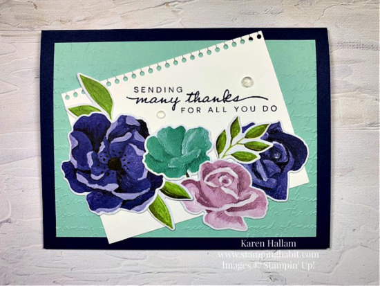 happiness abounds bundle, hues of happiness dsp, wisteria wishes stamp set, birthday card idea, stampin up, karen hallam