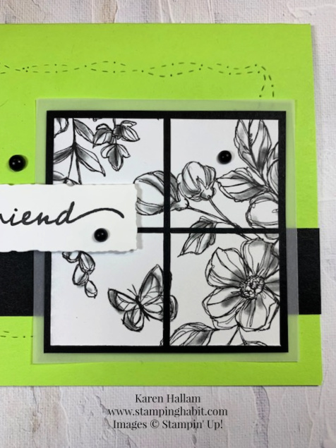 happiness abounds, perfectly penciled dsp, stitched with whimsy die, ccmc sketch challenge 721, card idea for a friend, stampin up, karen hallam