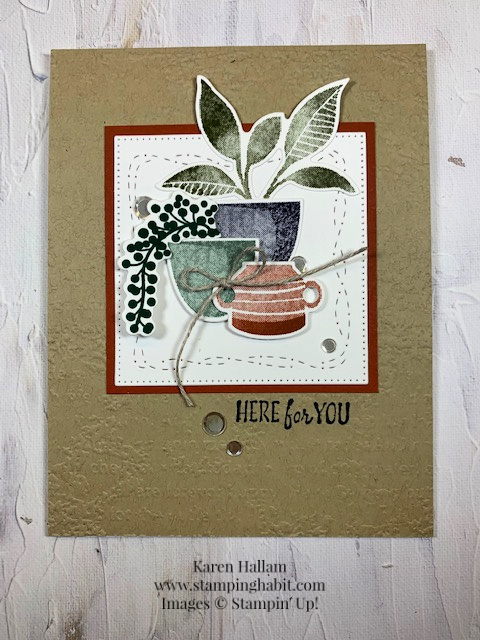 plentiful plants bundle, a fish & a wish, stylish shapes dies, stitched with whimsy dies, timeworn type 3d embossing folder, card of encouragement idea, stampin up, karen hallam