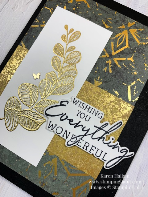 charming sentiments bundle, uniquely artistic, texture chic dsp, distressed gold specialty paper, gold embossing technique, ccmc719, stampin up, karen hallam