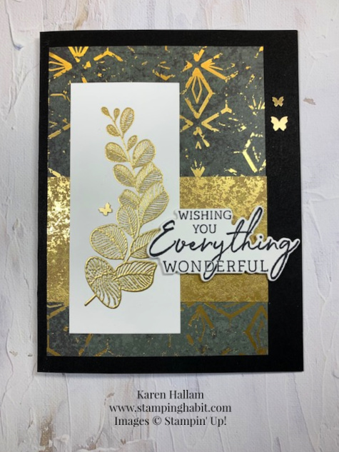charming sentiments bundle, uniquely artistic, texture chic dsp, distressed gold specialty paper, gold embossing technique, ccmc719, stampin up, karen hallam