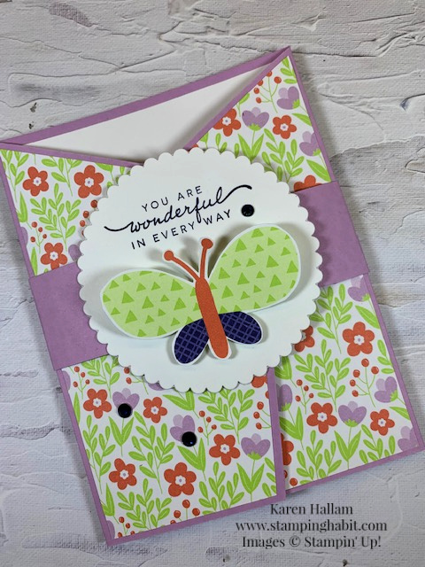 happiness abounds, butterfly kisses dsp, angled gatefold card, layering circles dies, fun fold card idea, stampin up, karen hallam