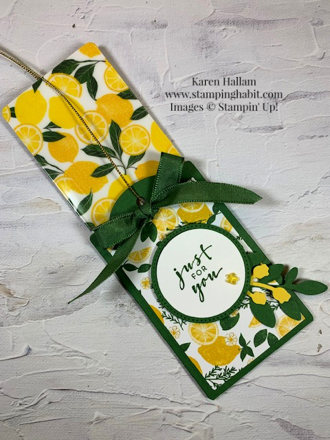 charming sentiments, celebrations tag dies, stylish shapes dies, bough punch, gift card holder idea, stampin up, karen hallam