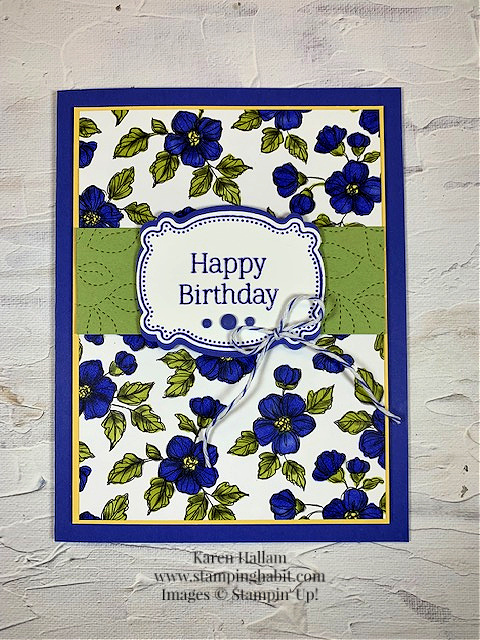 lovely & lasting bundle, perfectly penciled dsp, stitched greenery die, color challenge ccmc732, stampin up, karen hallam