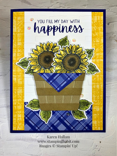 cheerful basket bundle, celebrate sunflowers, sunflowers dies, brick & mortar 3D embossing folder, tea boutique 6 x 6 dsp, multi-occasion card idea, stampin up, karen hallam