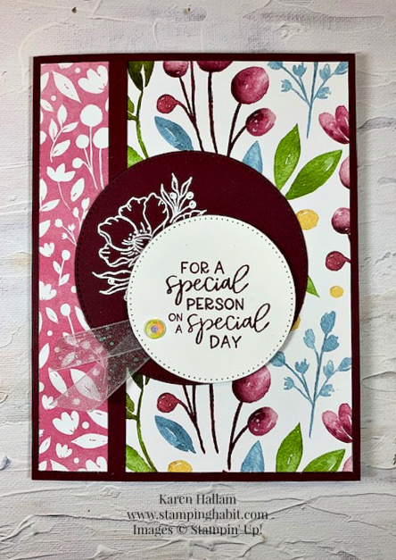 framed florets stamp set, awash in beauty dsp, heat embossing, stylish shapes dies, a special occasion card idea, stampin up, karen hallam
