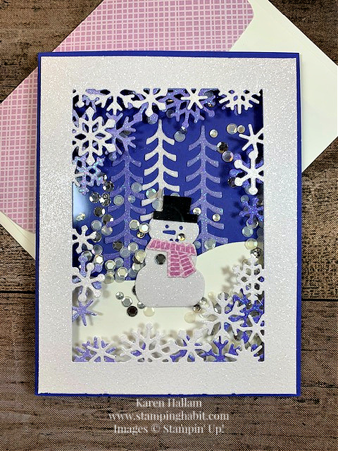 snowman magic bundle, glimmer papers, shaker card idea, winter scene, stampin up, karen hallam