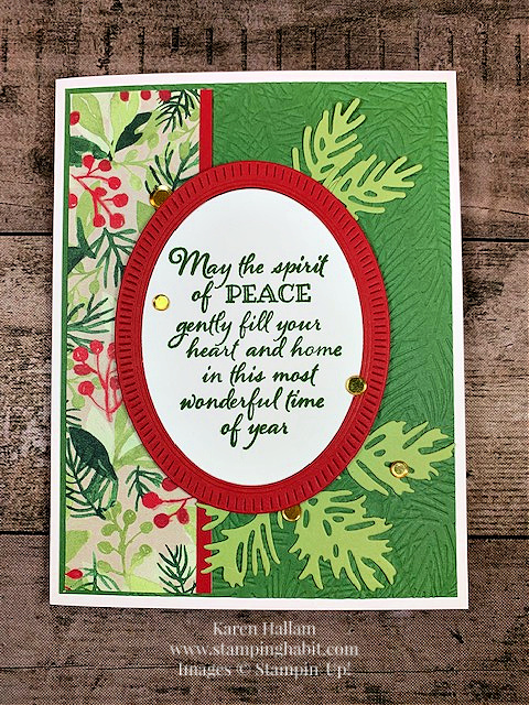 peaceful boughs, painted christmas dsp, framed florets dies, christmas banners dies, wintry 3D embossing folder, christmas/holiday card idea, stampin up, karen hallam