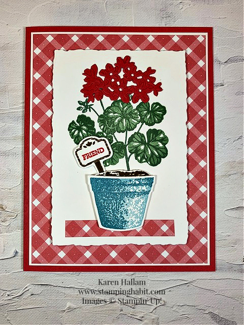potted geraniums bundle, country gingham dsp, ccmc748 color challenge, friend card idea, stampin up, karen hallam