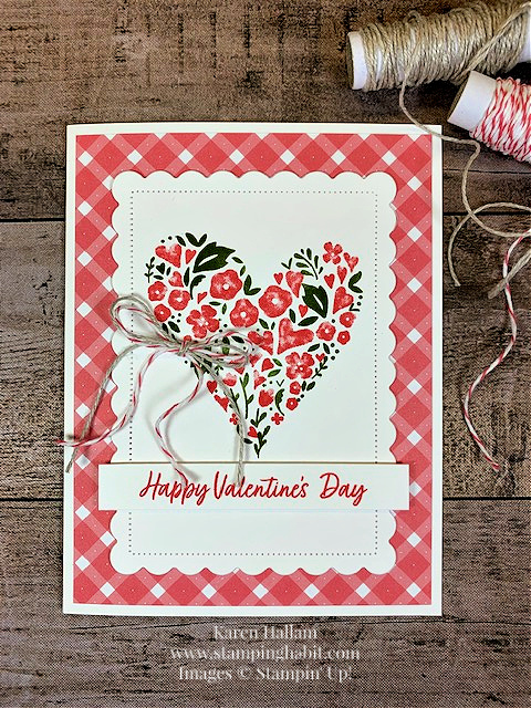 country bouquet stamp set, country gingham dsp, scalloped contours dies, valentine card idea, stampin up, karen hallam
