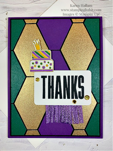biggest wish, textured shimmer paper, fine shimmer paper, all that dies, thank you card idea, mardi gras inspired card, stampin up, karen hallam