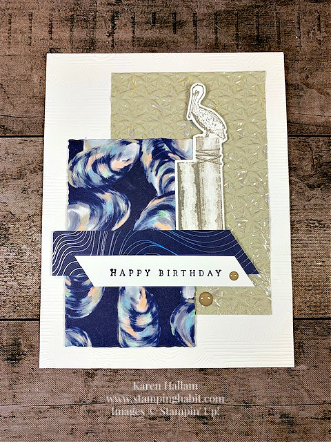 waves of inspiration, by the bay dsp, basics 3d embossing folder, into the clouds embossing folder, deckled rectangle dies, birthday card idea, stampin up, karen hallam