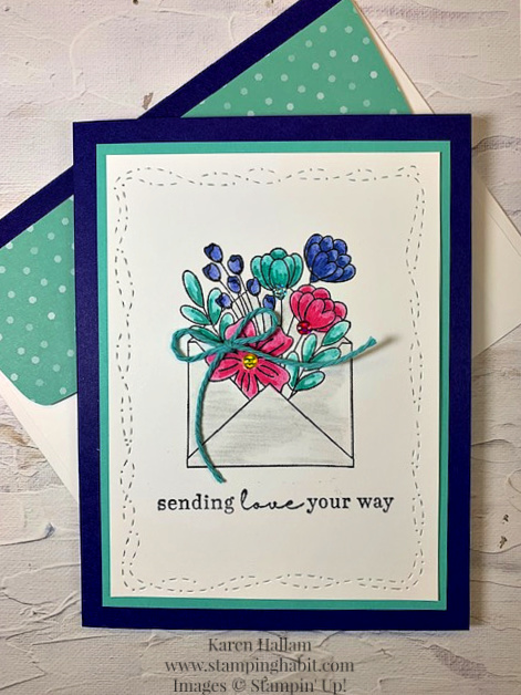 full of love, stitched with whimsy dies, coloring with watercolor pencils, sending love card idea, ccmc758, stampin up, karen hallam