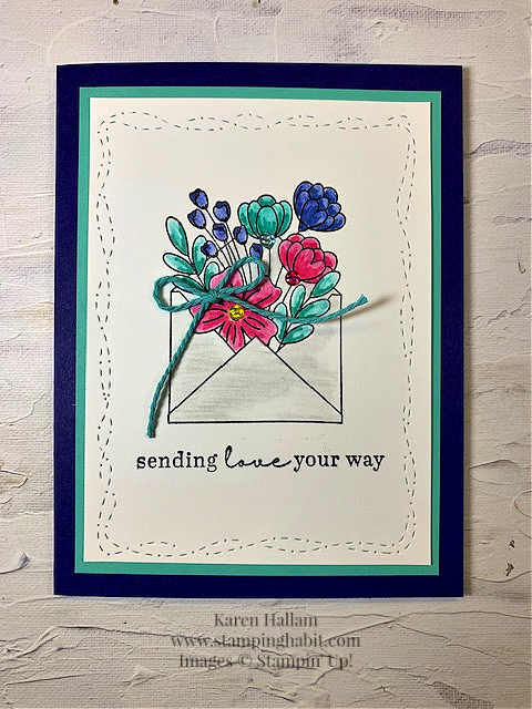 full of love, stitched with whimsy dies, coloring with watercolor pencils, sending love card idea, ccmc758, stampin up, karen hallam