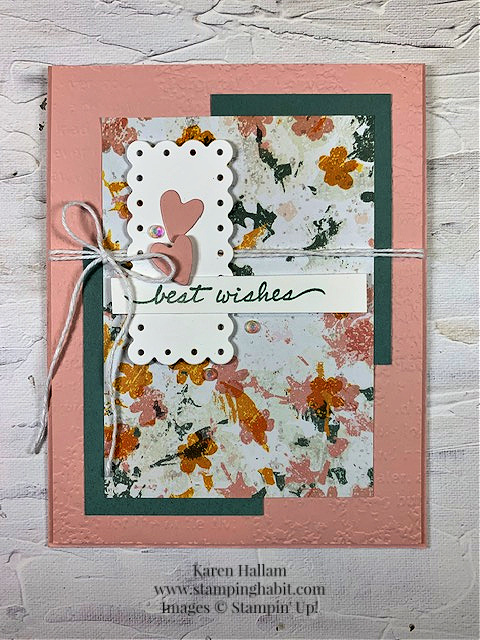 happiness abounds, texture chic dsp, scalloped contours dies, timeworn type embossing folder, best wishes card idea, stampin up, karen hallam