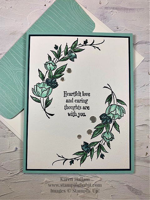 decorative borders, quiet meadow, coloring with blends alcohol markers, sympathy card idea, stampin up, karen hallam