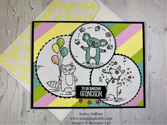 zoo crew dsp, layering circles dies, a grand kid, peaceful moments, conversation bubbles, heat embossing technique, birthday card idea for kids, stampin up, karen hallam