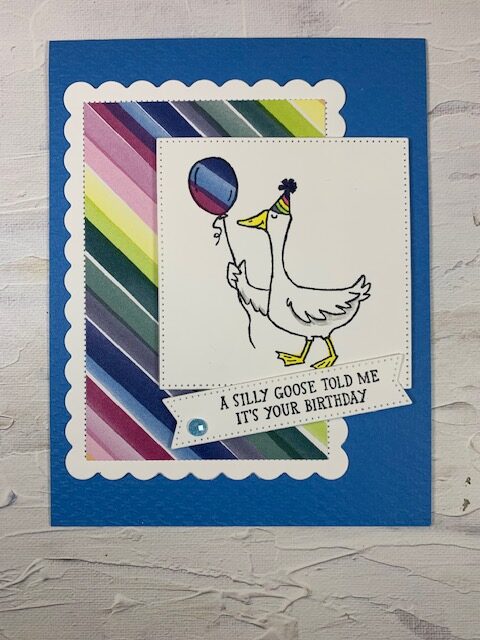 silly goose, bright & beautiful dsp, birthday card idea, paper piecing technique, stampin up, karen hallam