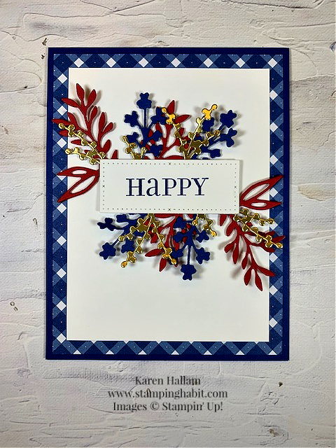 celebrate with tags, timeless arrangements dies, glorious gingham dsp, celebration card idea, stampin up, karen hallam