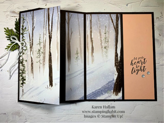 brightest glow, one horse open sleigh dsp, 3-panel scenery z-fold card idea, stampin up, karen hallam