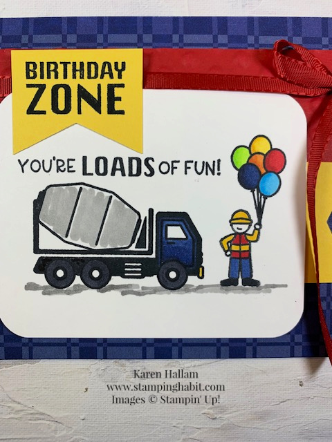 construction zone, basics 3D embossing folder, neutrals dsp, ccmc777, coloring with blends, child's birthday card idea, stamping up, karen hallam